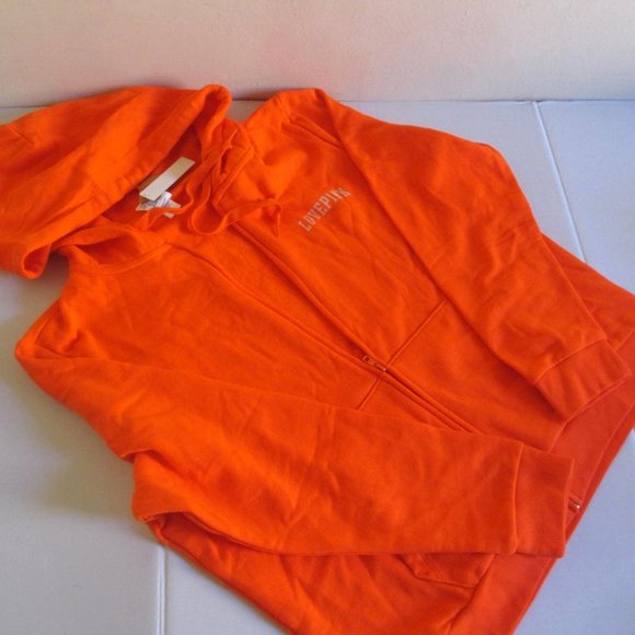 PINK Victoria Secret Fleece Everyday Zip-Up Hoodie Jacket XL Bright Orange Gold - Picture 3 of 9